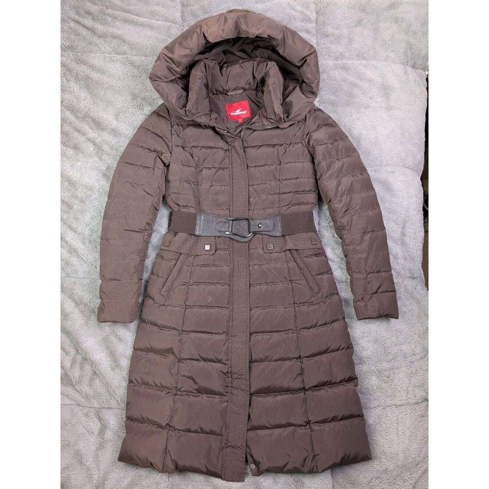 Snowimage Womens M Down Filled Belted Puffer Coat Parka Full Length Hooded